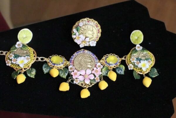 SOLD! 6529 Set Of Baroque Hand Painted Roman Coin Lemon Fruit Adjustable Bracelet+ Earrings - Image 9