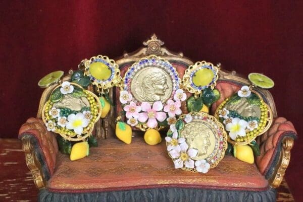 SOLD! 6529 Set Of Baroque Hand Painted Roman Coin Lemon Fruit Adjustable Bracelet+ Earrings - Image 10