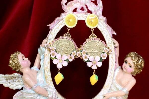SOLD! 6530 Baroque Runway Lemon Flower Blossom Roman Coin Studs Earrings - Image 4