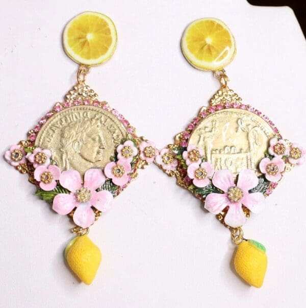 SOLD! 6530 Baroque Runway Lemon Flower Blossom Roman Coin Studs Earrings - Image 6