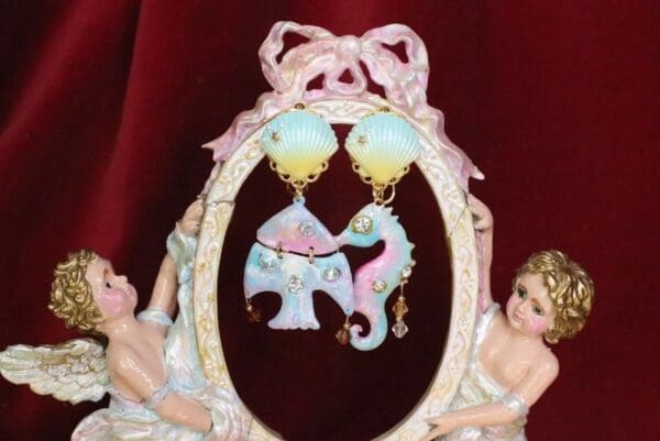 SOLD! 6531 Baroque Runway Hand Painted Nautical Sea Horse Fish Irregular Studs Earrings - Image 5