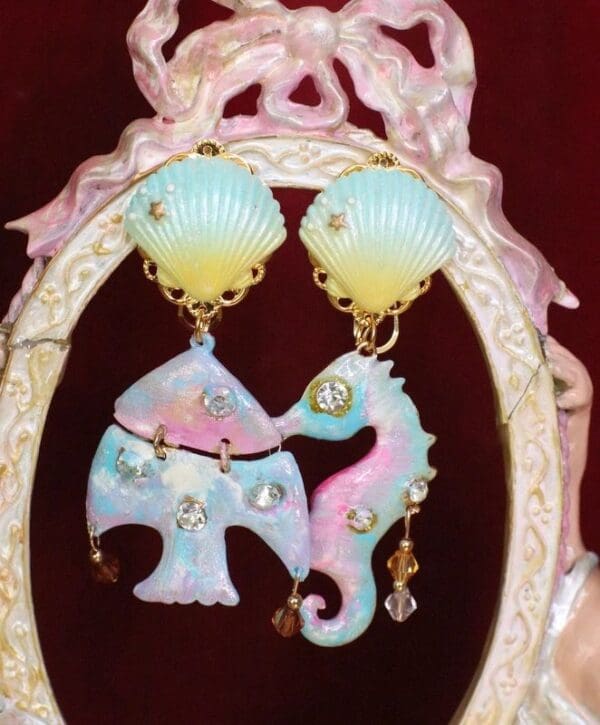 SOLD! 6531 Baroque Runway Hand Painted Nautical Sea Horse Fish Irregular Studs Earrings - Image 6