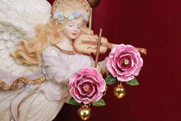 SOLD! 6566 Baroque Sicilian Hand Painted Rose Heart Studs Earrings