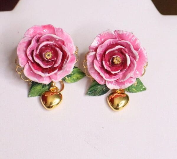 SOLD! 6566 Baroque Sicilian Hand Painted Rose Heart Studs Earrings - Image 6