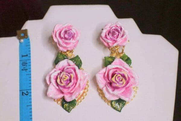 SOLD! 6567 Baroque Sicilian Hand Painted Rose Massive Studs Earrings - Image 4