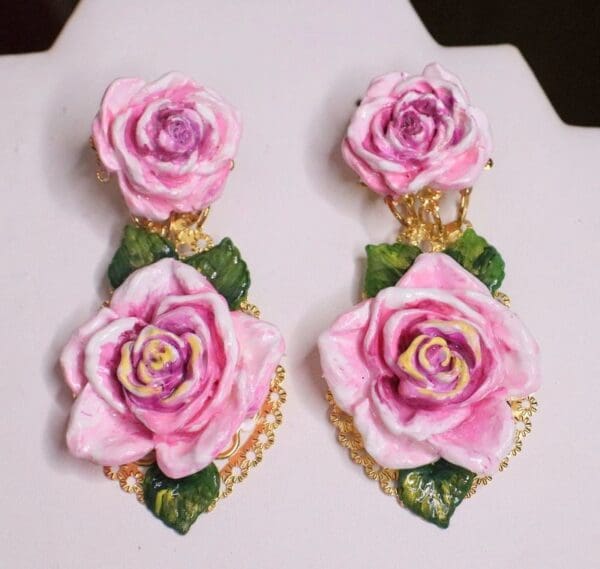 SOLD! 6567 Baroque Sicilian Hand Painted Rose Massive Studs Earrings - Image 2