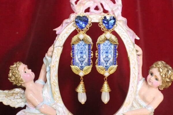 SOLD! 6572 Baroque Sicilian Blue Vase Tile Pattern Studs Earrings - Image 6