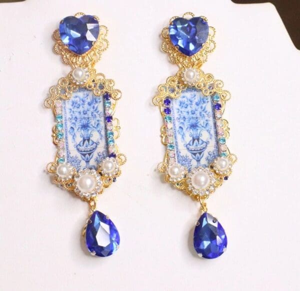 SOLD! 6572 Baroque Sicilian Blue Vase Tile Pattern Studs Earrings - Image 2