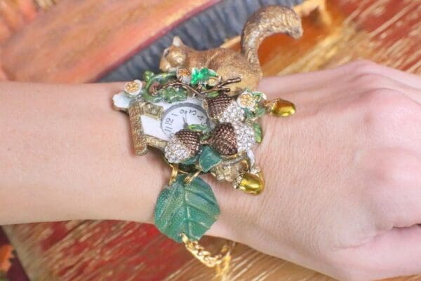 SOLD! 6574 Baroque Oak Clock Squirrel Hand Painted Adjustable Bracelet - Image 4