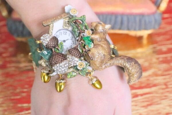 SOLD! 6574 Baroque Oak Clock Squirrel Hand Painted Adjustable Bracelet - Image 2