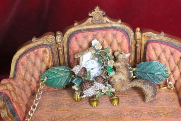 SOLD! 6574 Baroque Oak Clock Squirrel Hand Painted Adjustable Bracelet - Image 3