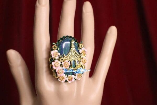 SOLD! 6601 Genuine Huge Cal silica Japanese House Minka Cherry Blossom Cocktail Adjustable Ring - Image 3