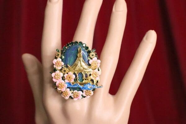 SOLD! 6601 Genuine Huge Cal silica Japanese House Minka Cherry Blossom Cocktail Adjustable Ring - Image 4