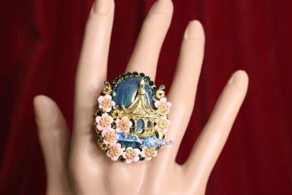 SOLD! 6601 Genuine Huge Cal silica Japanese House Minka Cherry Blossom Cocktail Adjustable Ring - Image 5