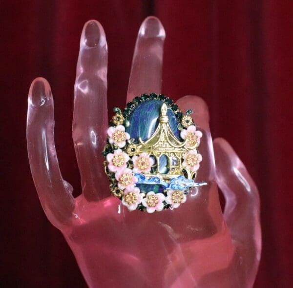 SOLD! 6601 Genuine Huge Cal silica Japanese House Minka Cherry Blossom Cocktail Adjustable Ring - Image 6