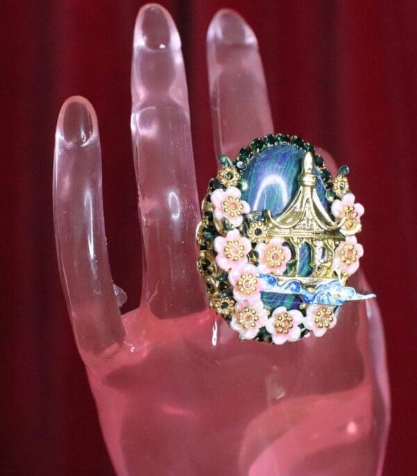 SOLD! 6601 Genuine Huge Cal silica Japanese House Minka Cherry Blossom Cocktail Adjustable Ring - Image 7