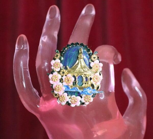SOLD! 6601 Genuine Huge Cal silica Japanese House Minka Cherry Blossom Cocktail Adjustable Ring