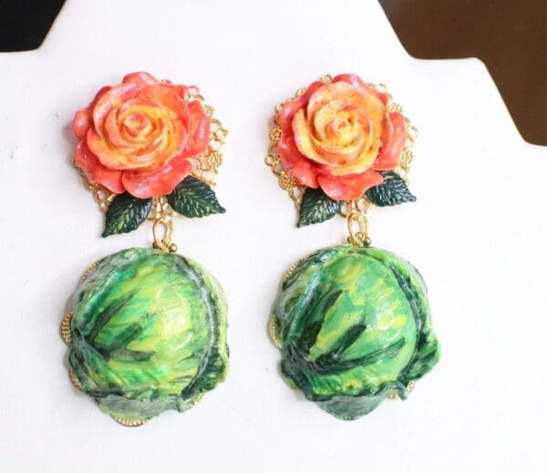 SOLD! 6637 Baroque Hand Painted Cabbage Studs Earrings - Image 4