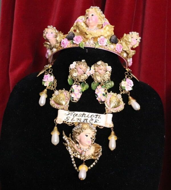 SOLD! 6654 "Fashion Sinner" Baroque Chubby Cherubs Angels Clear Crystal Necklace - Image 6