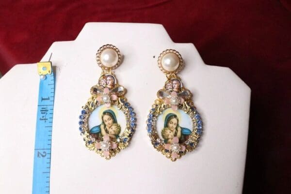 SOLD! 6655 Virgin Mary Cameo Blue Elegant Pearl Studs Earrings - Image 2