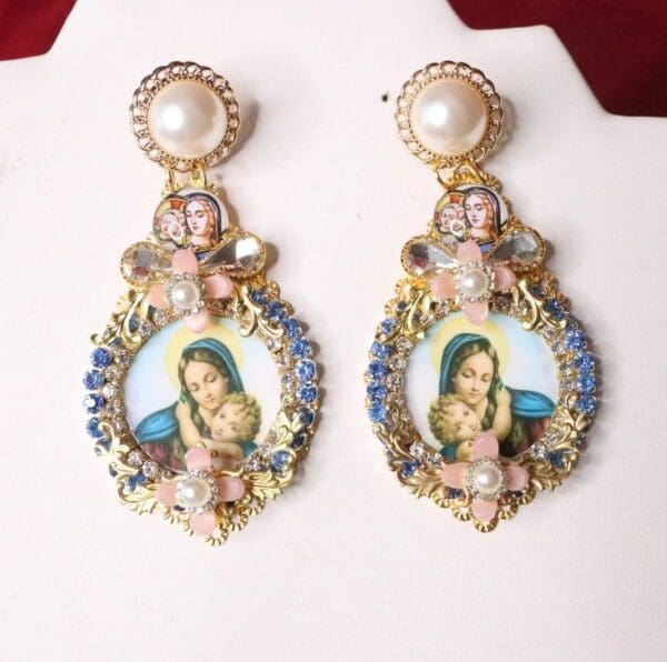 SOLD! 6655 Virgin Mary Cameo Blue Elegant Pearl Studs Earrings - Image 3
