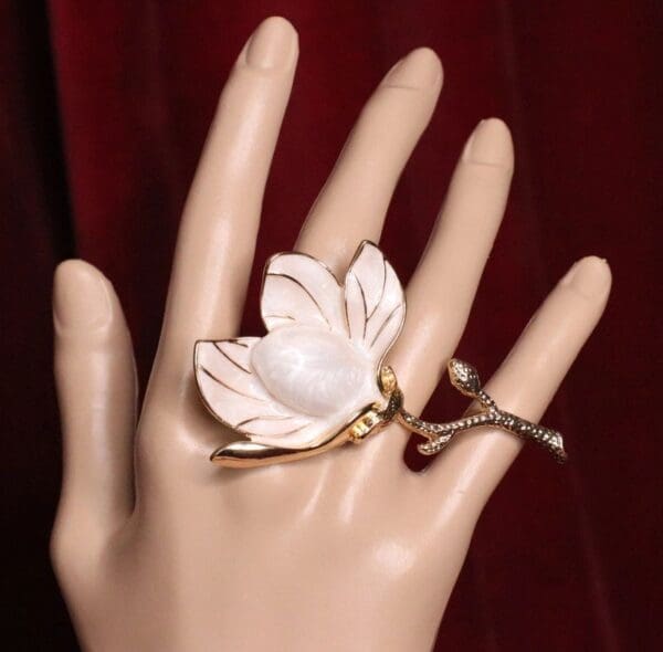 SOLD! 6657 Baroque Enamel Magnolia Cocktail Adjustable Ring