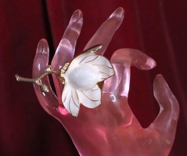 SOLD! 6657 Baroque Enamel Magnolia Cocktail Adjustable Ring - Image 7