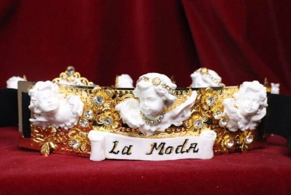 SOLD! 6660 La Moda Baroque Runway White Chubby Cherubs Angels Embellished Waist Gold Belt Size S, L, M - Image 3