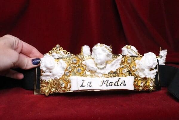 SOLD! 6660 La Moda Baroque Runway White Chubby Cherubs Angels Embellished Waist Gold Belt Size S, L, M - Image 4