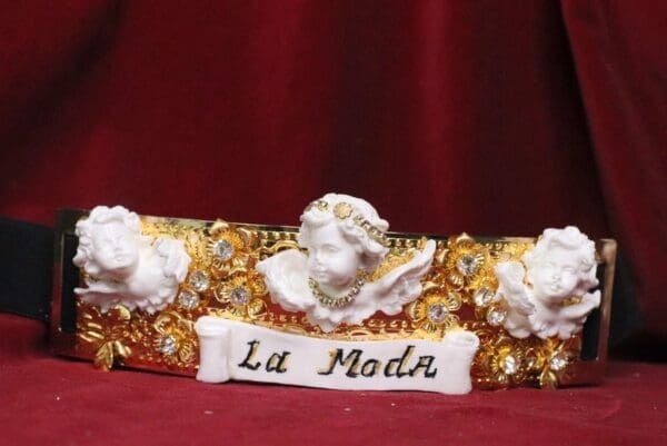 SOLD! 6660 La Moda Baroque Runway White Chubby Cherubs Angels Embellished Waist Gold Belt Size S, L, M - Image 2