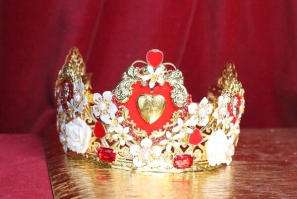 SOLD! 6683 Baroque Sacred Hearts Red Flower Blossom Crown Headband - Image 6