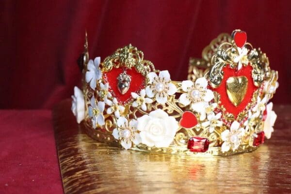 SOLD! 6683 Baroque Sacred Hearts Red Flower Blossom Crown Headband - Image 7