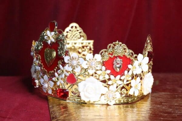SOLD! 6683 Baroque Sacred Hearts Red Flower Blossom Crown Headband - Image 8