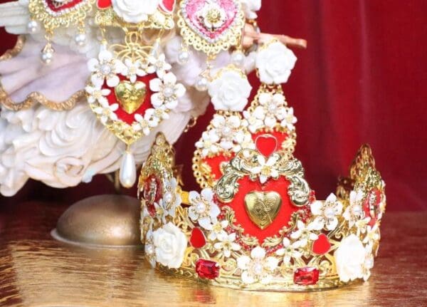 SOLD! 6683 Baroque Sacred Hearts Red Flower Blossom Crown Headband