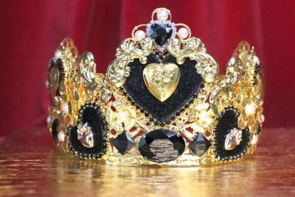 SOLD! 6688 Baroque Sacred Hearts Black Rhinestones Crown Headband