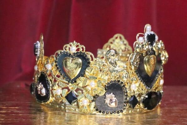 SOLD! 6688 Baroque Sacred Hearts Black Rhinestones Crown Headband - Image 2