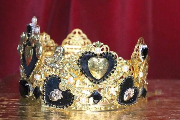 SOLD! 6688 Baroque Sacred Hearts Black Rhinestones Crown Headband - Image 3