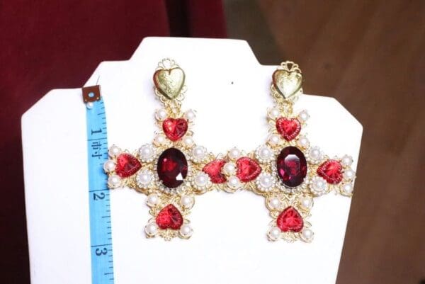 SOLD! 6691 Alta Moda Fall 2019 Baroque Huge Filigree Red Hearts Crystal Cross Studs - Image 8