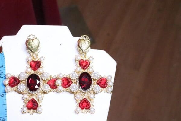 SOLD! 6691 Alta Moda Fall 2019 Baroque Huge Filigree Red Hearts Crystal Cross Studs - Image 9