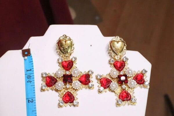 SOLD! 6692 Alta Moda Fall 2019 Baroque Huge Filigree Red Hearts Crystal Cross Studs - Image 7
