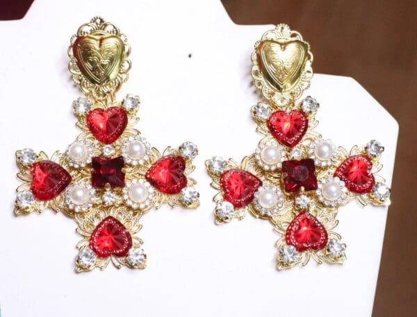 SOLD! 6692 Alta Moda Fall 2019 Baroque Huge Filigree Red Hearts Crystal Cross Studs - Image 8