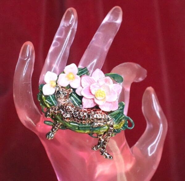 SOLD! 6708 Enamel Leopard Animal Flowers Cocktail Single Finger Adjustable Ring - Image 6
