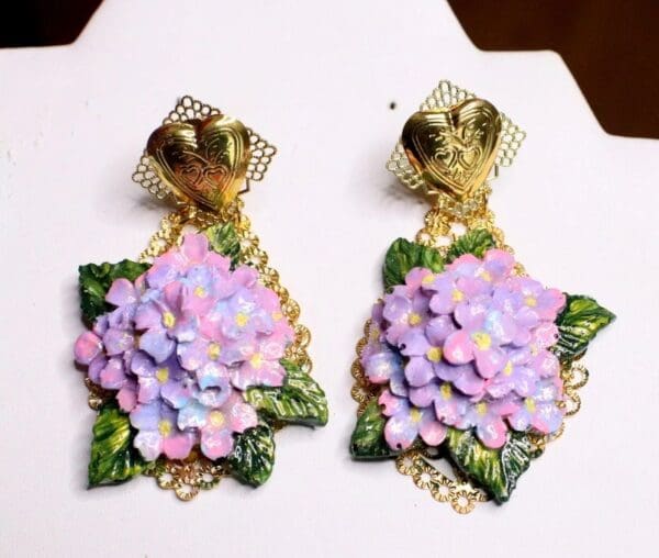 SOLD! 6710 Baroque Hydrangea Flower Hand Painted Studs Earrings - Image 6