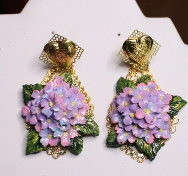 SOLD! 6710 Baroque Hydrangea Flower Hand Painted Studs Earrings - Image 2
