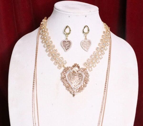 SOLD! 6711 Set Of Alta Moda Gold Tone Sacred Heart Pendant Necklace+ Earrings - Image 5