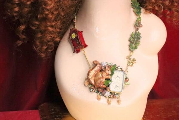 SOLD! 6714 Set Of Art Jewelry 3D Effect Squirrel Clock Oak Necklace+ Earrings - Image 7