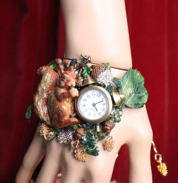 SOLD! 6715 Baroque Oak Clock Squirrel Hand Painted Adjustable Bracelet - Image 3