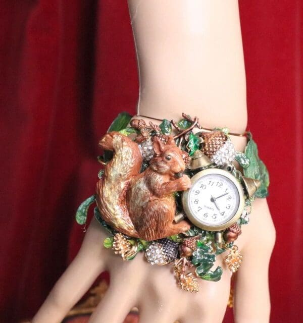 SOLD! 6715 Baroque Oak Clock Squirrel Hand Painted Adjustable Bracelet