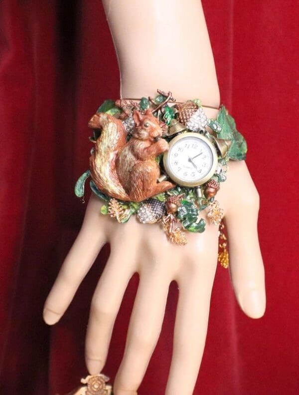 SOLD! 6715 Baroque Oak Clock Squirrel Hand Painted Adjustable Bracelet - Image 4
