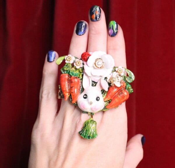 SOLD! 6716 Adorable Enamel Bunny Carrots Ladybug Cocktail Adjustable Ring - Image 2